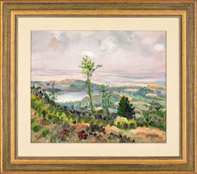 Carlo D'aloisio - Veduta di Paese con Lago