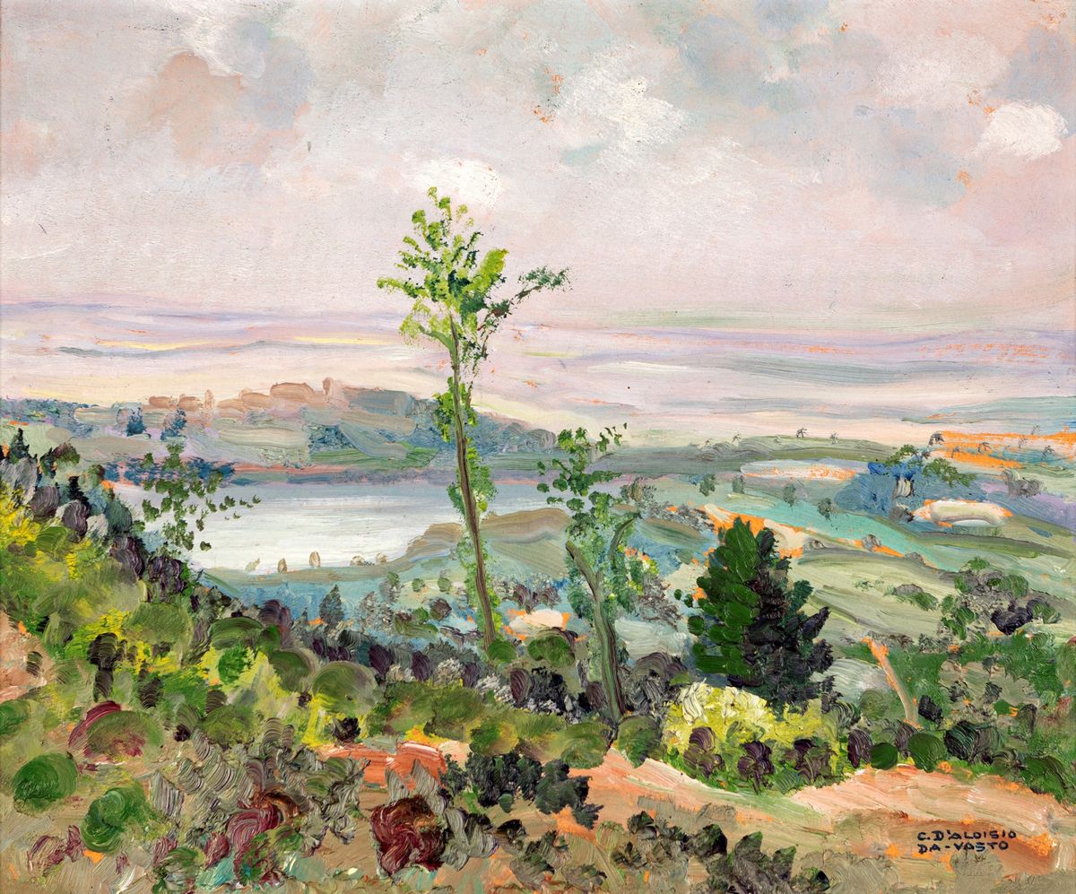 Carlo D'aloisio - Veduta di Paese con Lago
