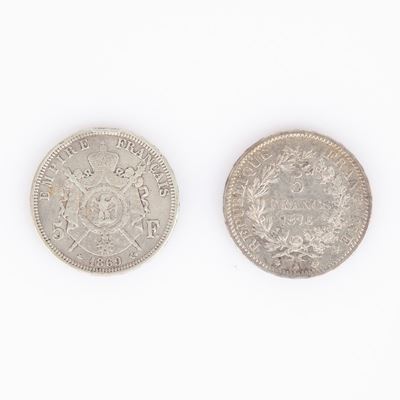 2 Monete da 5 Franchi Francia: 1869 Parigi Napoleone III e 1876 Parigi Terza Repubblica
