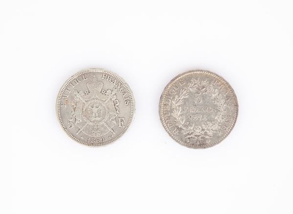 2 monete da 5 Franchi Francia: 1869 Parigi Napoleone III e 1876 Parigi Terza Repubblica