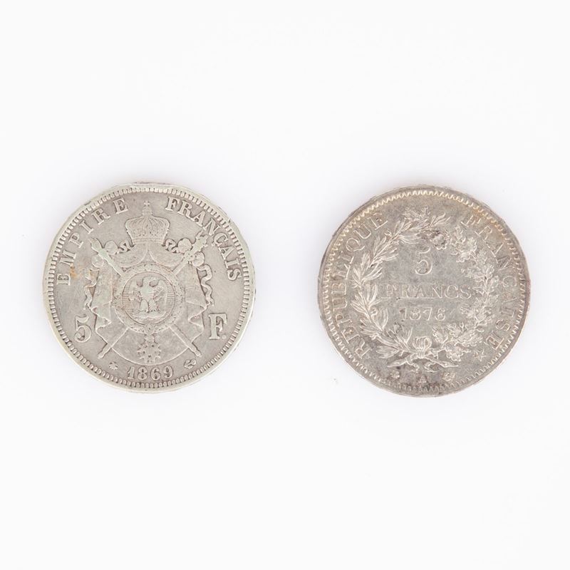 2 Monete da 5 Franchi Francia: 1869 Parigi Napoleone III e 1876 Parigi Terza Repubblica