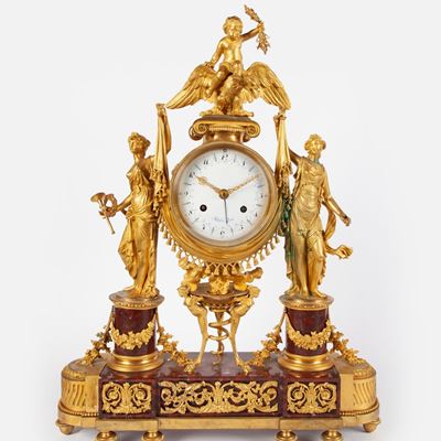 Orologio da Camino Luigi XVI in Bronzo Dorato e Marmo Rouge Griotte, Francia, Fine del XVIII Seco...