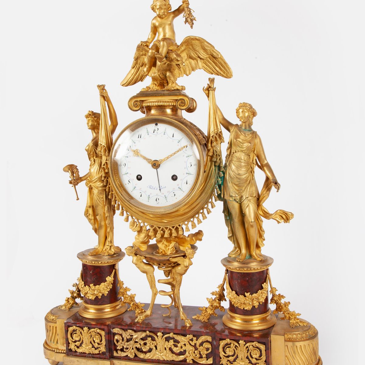 Orologio da Camino Luigi XVI in Bronzo Dorato e Marmo Rouge Griotte, Francia, Fine del XVIII Seco...