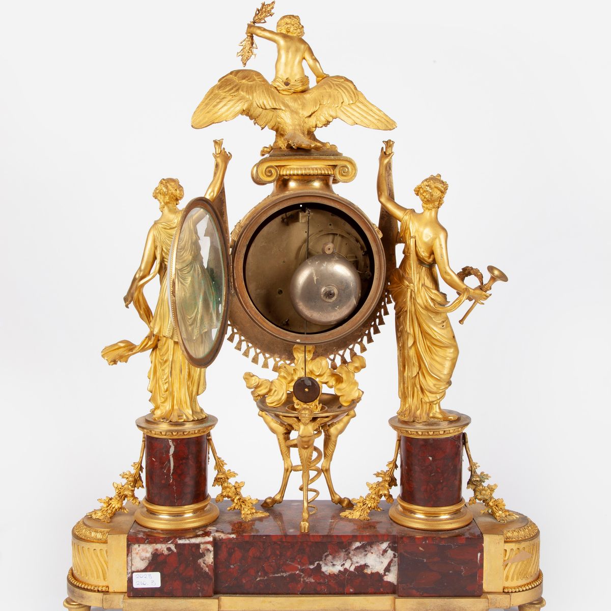 Orologio da Camino Luigi XVI in Bronzo Dorato e Marmo Rouge Griotte, Francia, Fine del XVIII Seco...