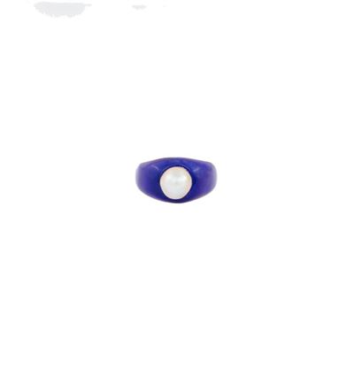 Anello in Oro Giallo Smalto Blu e Perla
