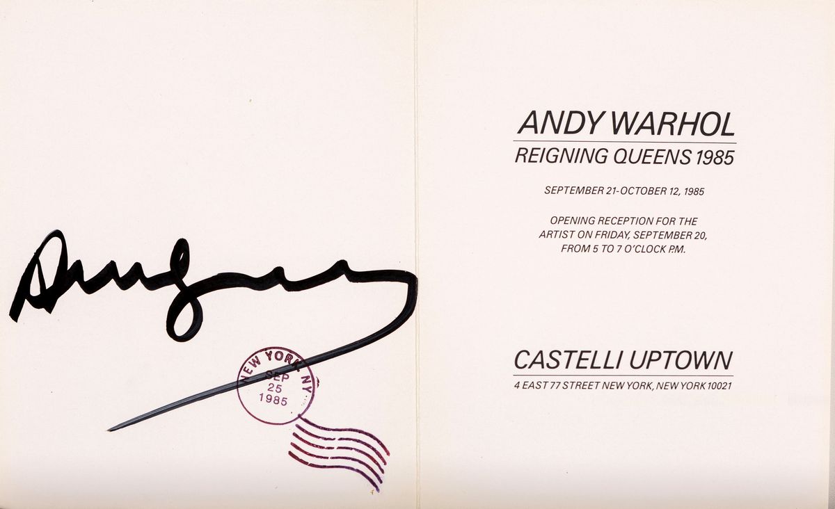 Locandina di Invito per la Mostra "andy Warhol Reigning Queens 1985 - Castelli Uptown New York"