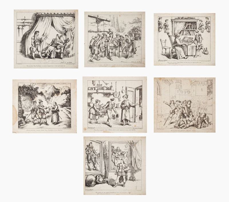 Sette Litografie delle Belle Arti, dalla Serie "i Promessi Sposi" di Bartolomeo Pinelli