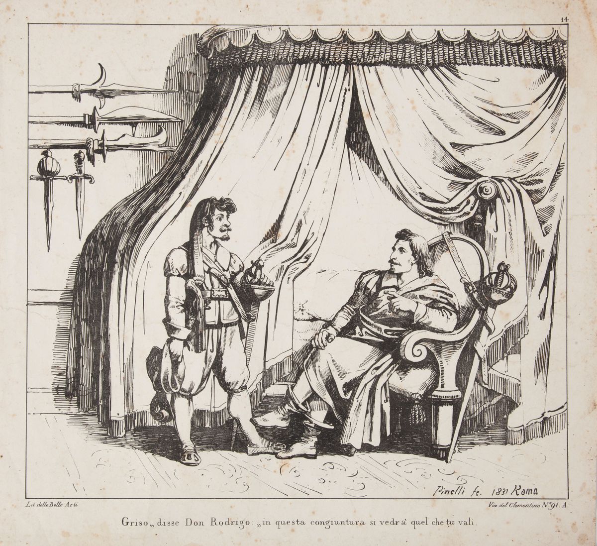 Sette Litografie delle Belle Arti, dalla Serie "i Promessi Sposi" di Bartolomeo Pinelli