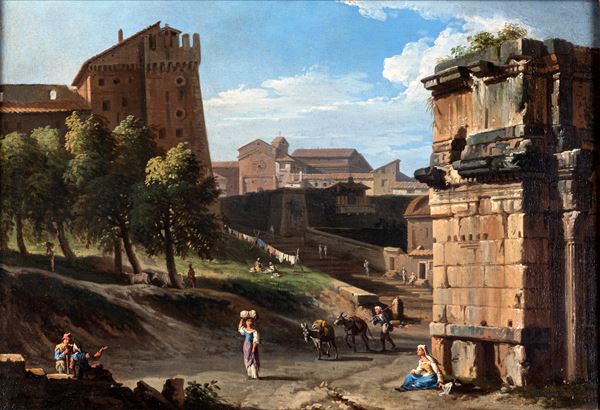 Jan Frans van Bloemen detto l'Orizzonte - Veduta della scala laterale del Campidoglio con l'arco di Settimio Severo