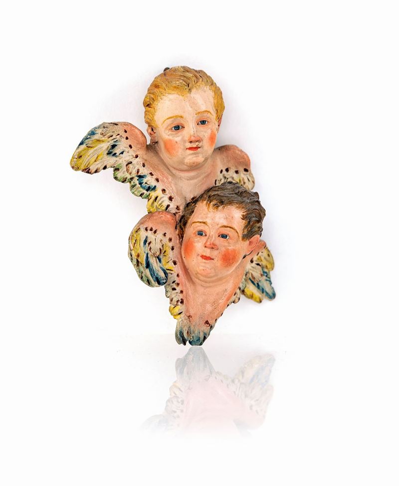 Due Teste di Cherubino Unite in Terracotta Policroma