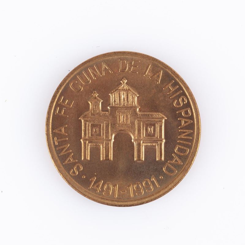 Medaglia in Metallo V° Centenario Santa Fè 1491-1991 Coniata per la X Esposizione Granada 1982-19...