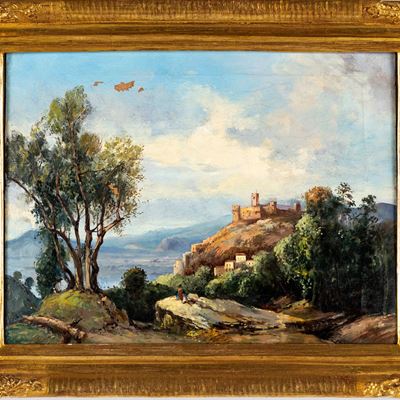 Veduta di Paese con Castello e Lago