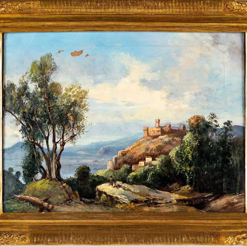 Scuola Napoletana del XIX Secolo - Veduta di Paese con Castello e Lago