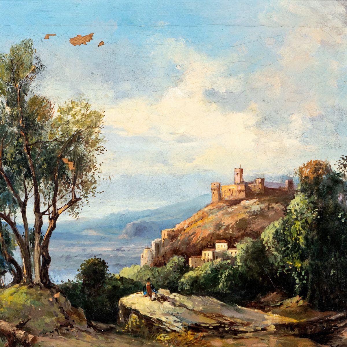 Scuola Napoletana del XIX Secolo - Veduta di Paese con Castello e Lago