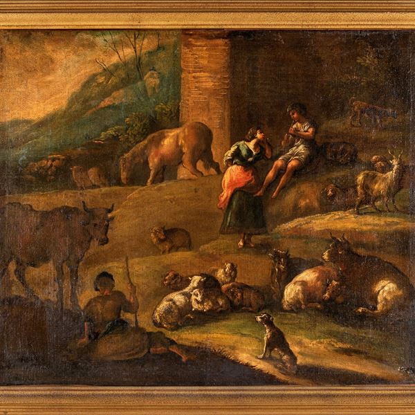 Scuola napoletana del XVIII secolo - Scena bucolica con figure e armenti