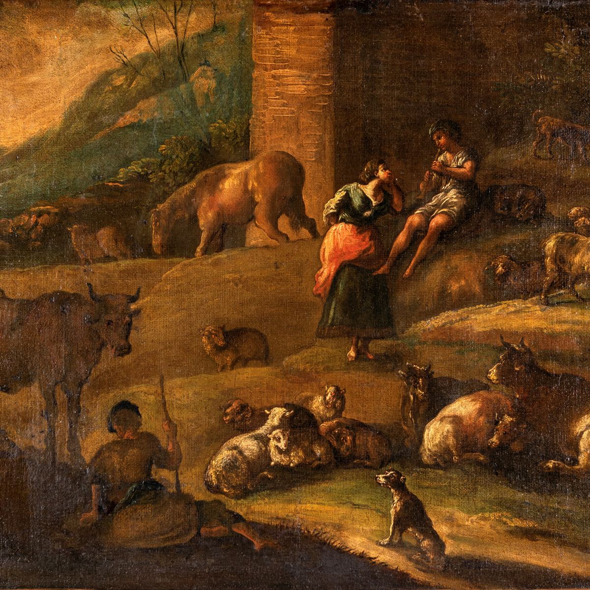 Scuola Napoletana del XVIII Secolo - Scena Bucolica con Figure e Armenti