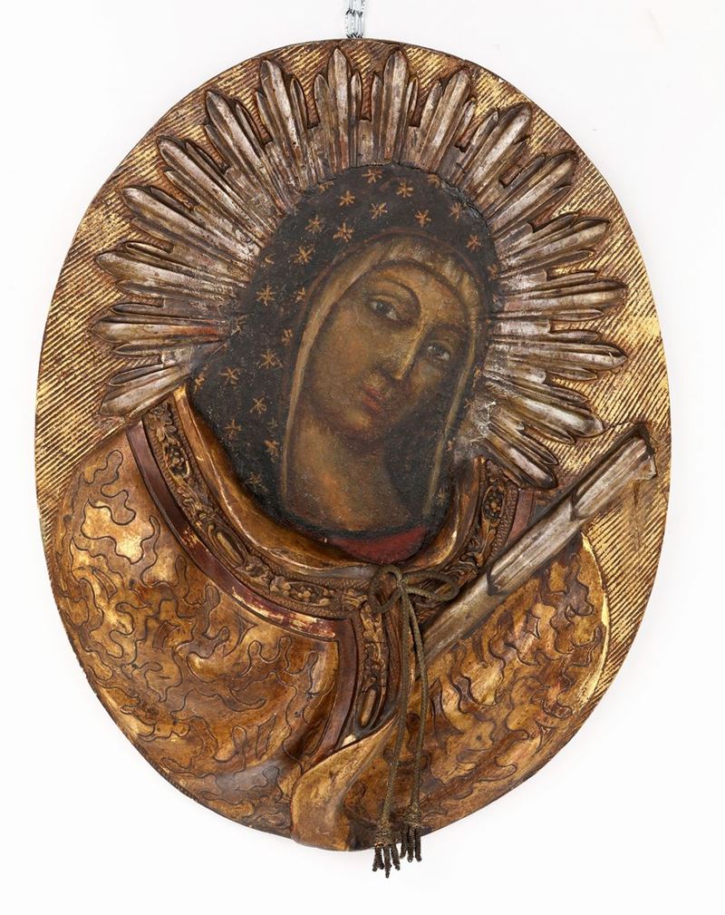 Icona Ovale in Legno e Cartapesta Dorata con Raffigurazione della Vergine