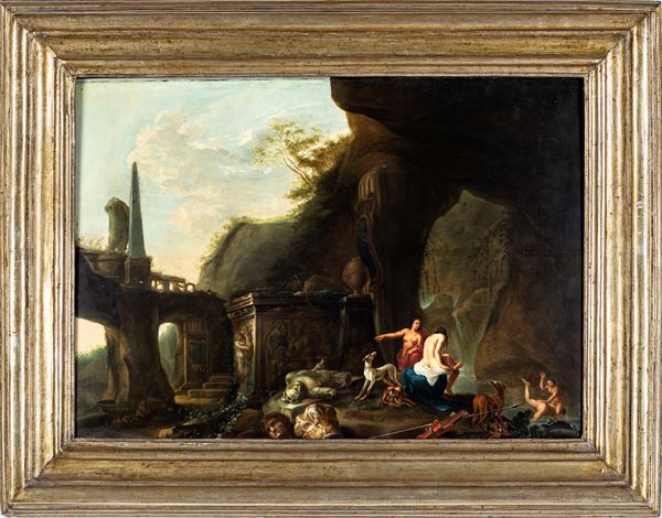 Pittore francese, fine XVIII/inizio XIX secolo,Pittore fiammingo del XVII secolo - Paesaggio con caccia di Diana