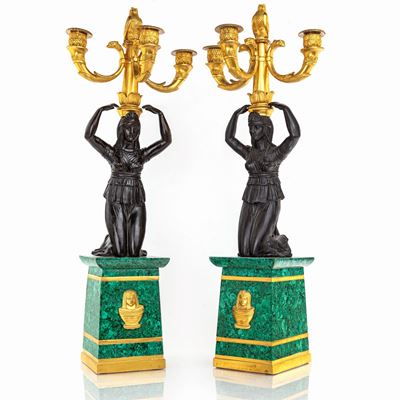 Coppia di Candelabri in Bronzo Brunito e Dorato, XIX Secolo