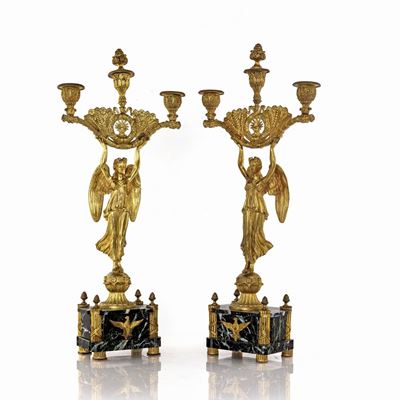 Coppia di Candelabri in Bronzo Dorato, Fine XIX/inizi XX Secolo
