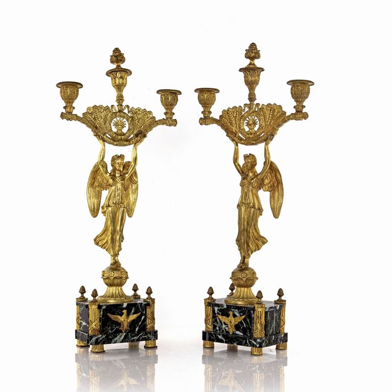 Coppia di Candelabri in Bronzo Dorato, Fine XIX/inizi XX Secolo