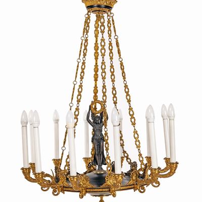Lampadario in Bronzo Brunito e Dorato a Dodici Luci