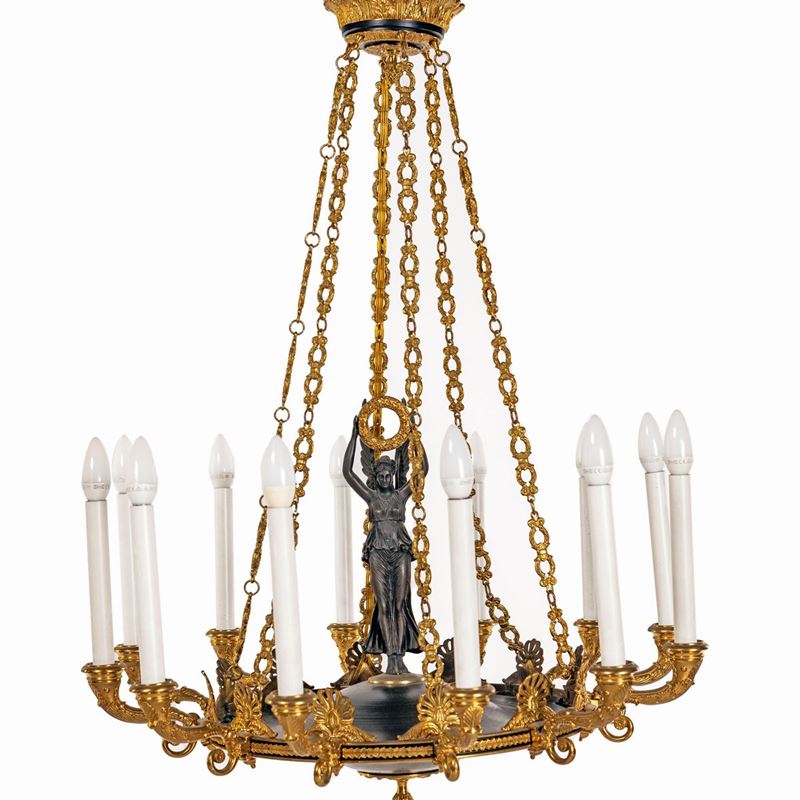 Lampadario in Bronzo Brunito e Dorato a Dodici Luci