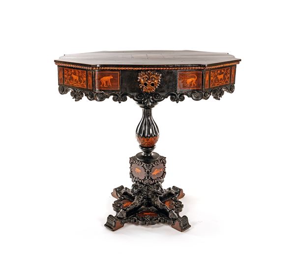 Tavolino in legni di varie essenze naturali ed ebanizzate, XIX secolo