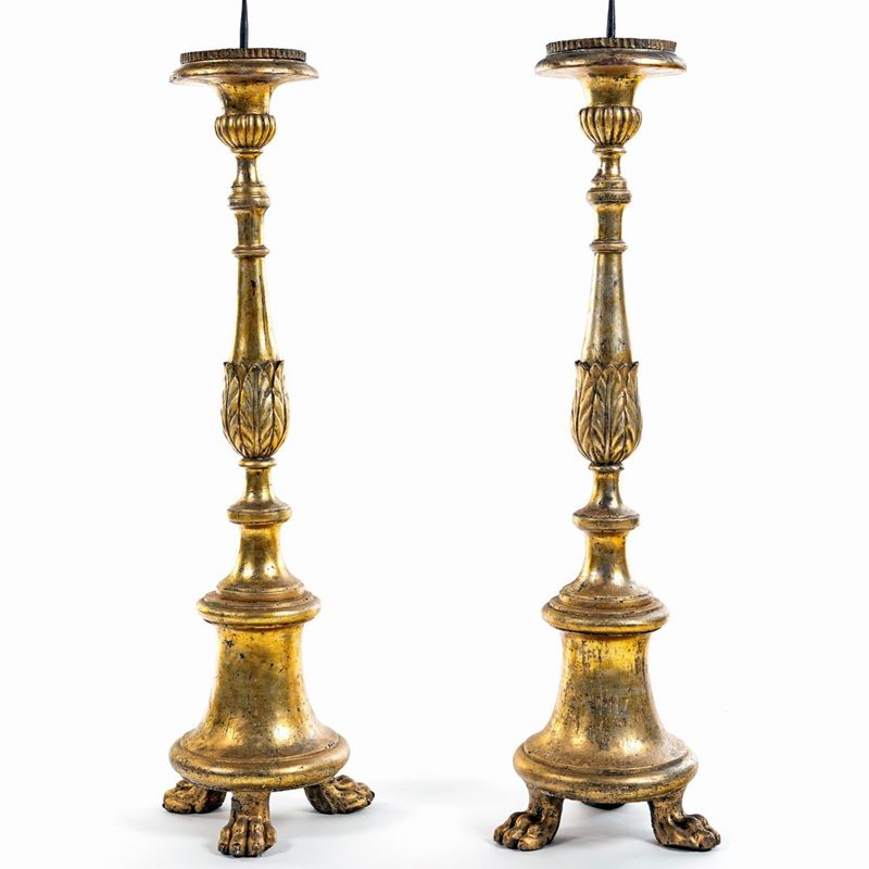 Coppia di Torciere in Legno Dorato, XVIII Secolo