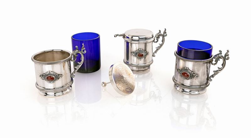 Servizio Tete a Tete da Infuso in Argento con Corniole e Astuccio, Argentiere Carmine Ganci Milan...