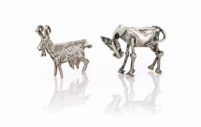 Due Piccole Sculture in Argento Raffiguranti un Somaro ed un Ariete, Brunelli