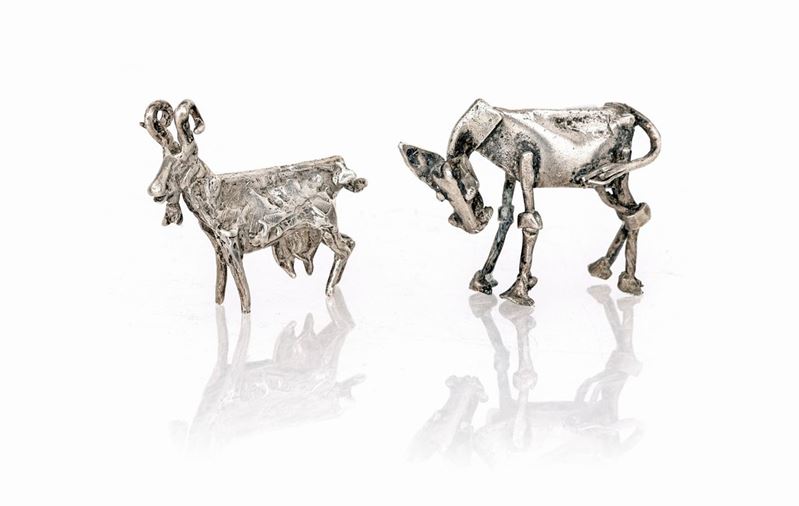 Due Piccole Sculture in Argento Raffiguranti un Somaro ed un Ariete, Brunelli