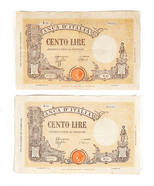 Lotto di cartamoneta: 2 esemplari 100 Lire tipo Barbetti Grande "B" 08-10-1943 Azzolini/Urbini Repubblica Sociale Italiana; insieme a cartamoneta del Regno d'Italia e Luogotenenza, AM Lire 1943 ed estera