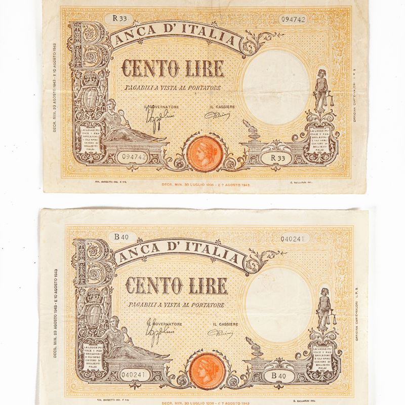 Lotto di Cartamoneta: 2 Esemplari 100 Lire Tipo Barbetti Grande "b" 08-10-1943 Azzolini/urbini Re...