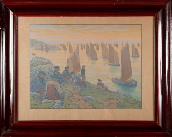 Henri Laurent  Rivi&#232;re - Barche al tramonto.