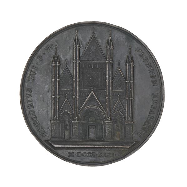 Giuseppe  Girometti : Stato Pontificio - Gregorio XVI - Medaglia Straordinaria in bronzo per ricordare le opere di restauro al Duomo di Orvieto, datata 1842 e firmata G.Girometti.F. D/ GREGORIVS XVI•P•M•FRONTEM REPARAVIT Prospetto della facciata del Duomo di Orvieto sotto G•GIROMETTI•F• in esergo M•DCCC•XLII• R/ Entro ghirlanda di alloro ALOISIO LAMBRVSCHINIO VIR•EMIN•PATRONO PAVLO DVRIO ANTIST•PRAEF•VRBEVET•  - Asta Numismatica - Casa d'Aste Arcadia