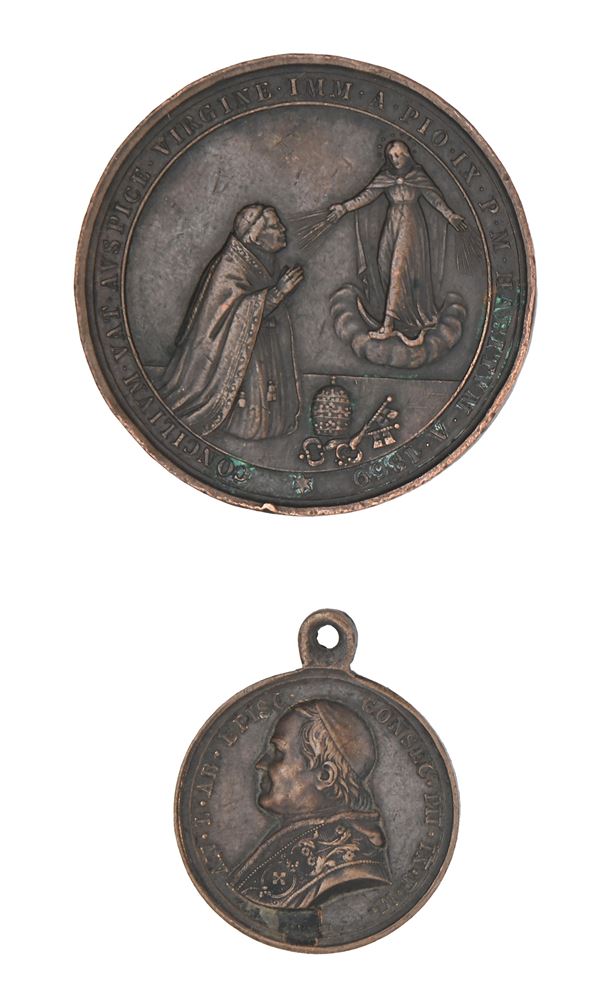 Stato pontificio Pio IX - 2 medaglie straordinarie di bronzo 1) Concilio Ecumenico e Dogma dell'Immacolata Concezione 1869 2) 50° Giubileo Sacerdotale 1877