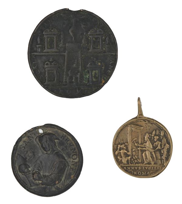 Stato Pontificio - 2 medaglie devozionali in bronzo emesse per l'Anno Santo e 1 medaglia devozionale in bronzo con San Brunone e San Lorenzo del XVII/XVIII secolo