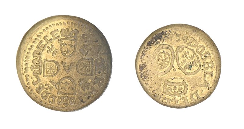 Dobla (attrib.), 2 pesi monetali uniface in bronzo con contromarche, 1754–1755, XVIII secolo