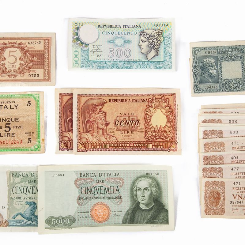 Lotto Cartamoneta: 12 Esemplari 1 Lira 23/11/1944 Bolaffi; 10 Lire Giove 23/11/1944 Cavallaro; 5 ...