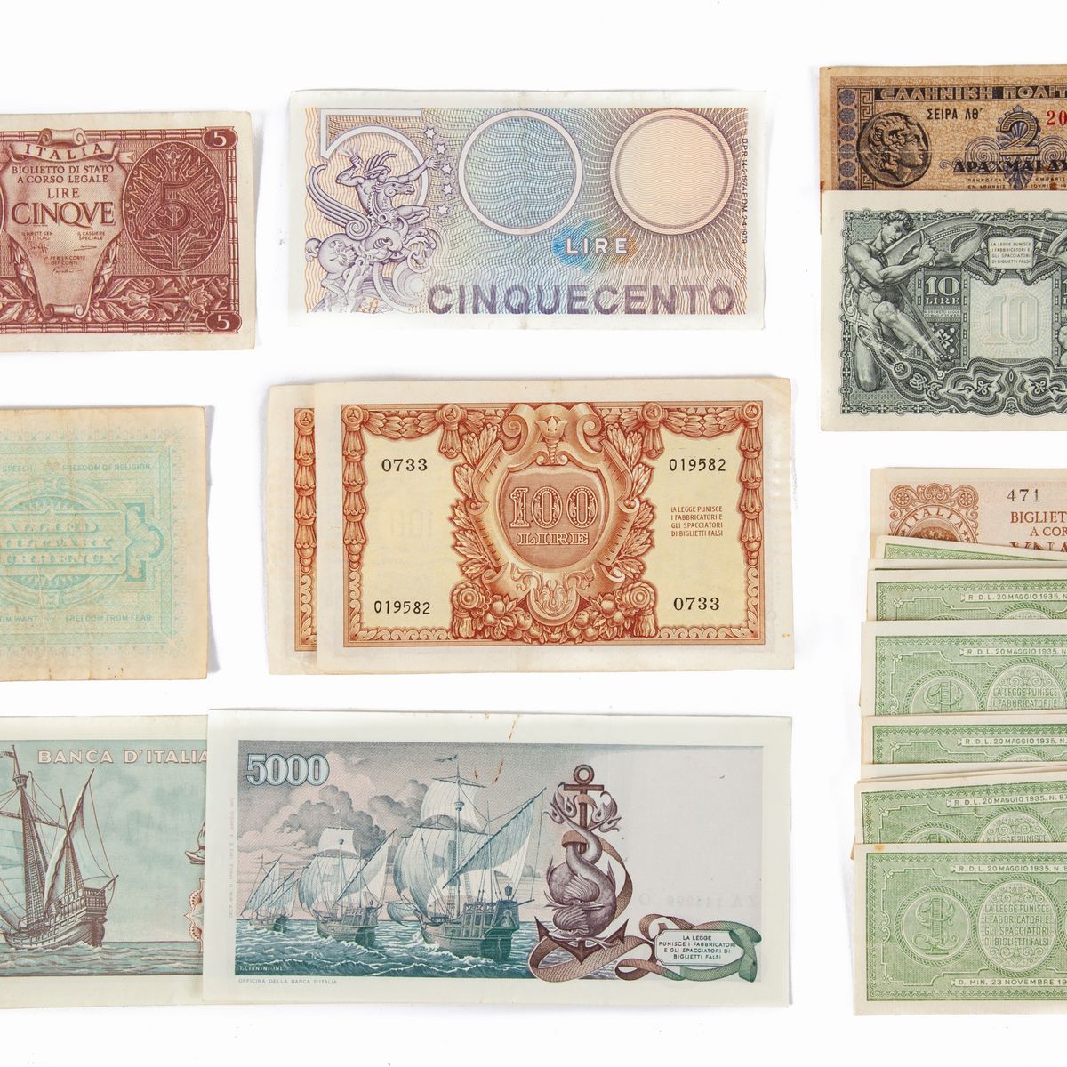 Lotto Cartamoneta: 12 Esemplari 1 Lira 23/11/1944 Bolaffi; 10 Lire Giove 23/11/1944 Cavallaro; 5 ...