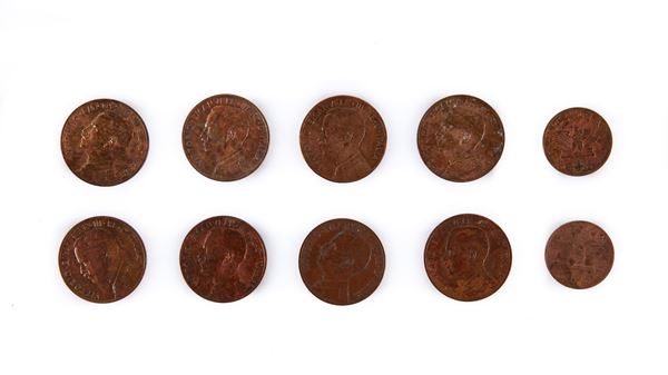 Lotto 10 pezzi da 5 centesimi Vittorio Emanuele III Regno d'Italia: 1909; 1913; 3 esemplari 1915; 3 esemplari 1918; 2 esemplari 1936 A.XIV
