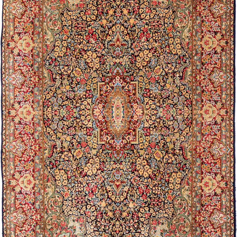Tappeto Persiano Kirman Fondo Blu con Fitto Disegno Floreale