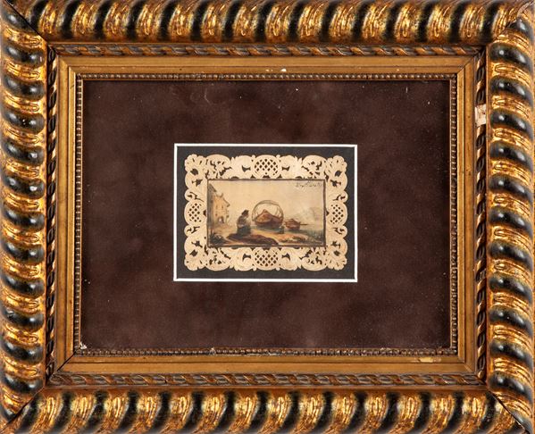 Sebastiano  De Albertis - Marina con pescatore e barche