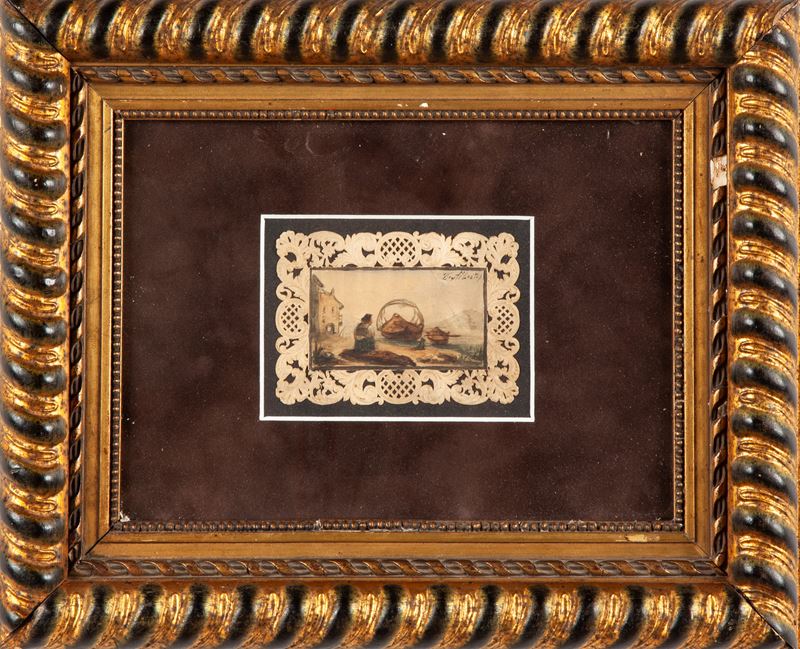 Sebastiano De Albertis - Marina con Pescatore e Barche