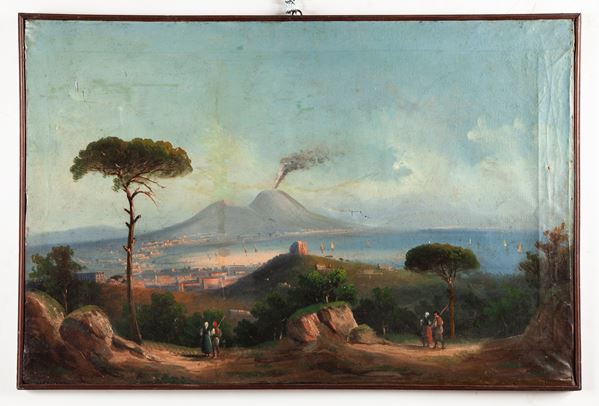 Scuola napoletana, fine XIX/inizi XX secolo - Tre vedute della baia di Napoli col Vesuvio fumante