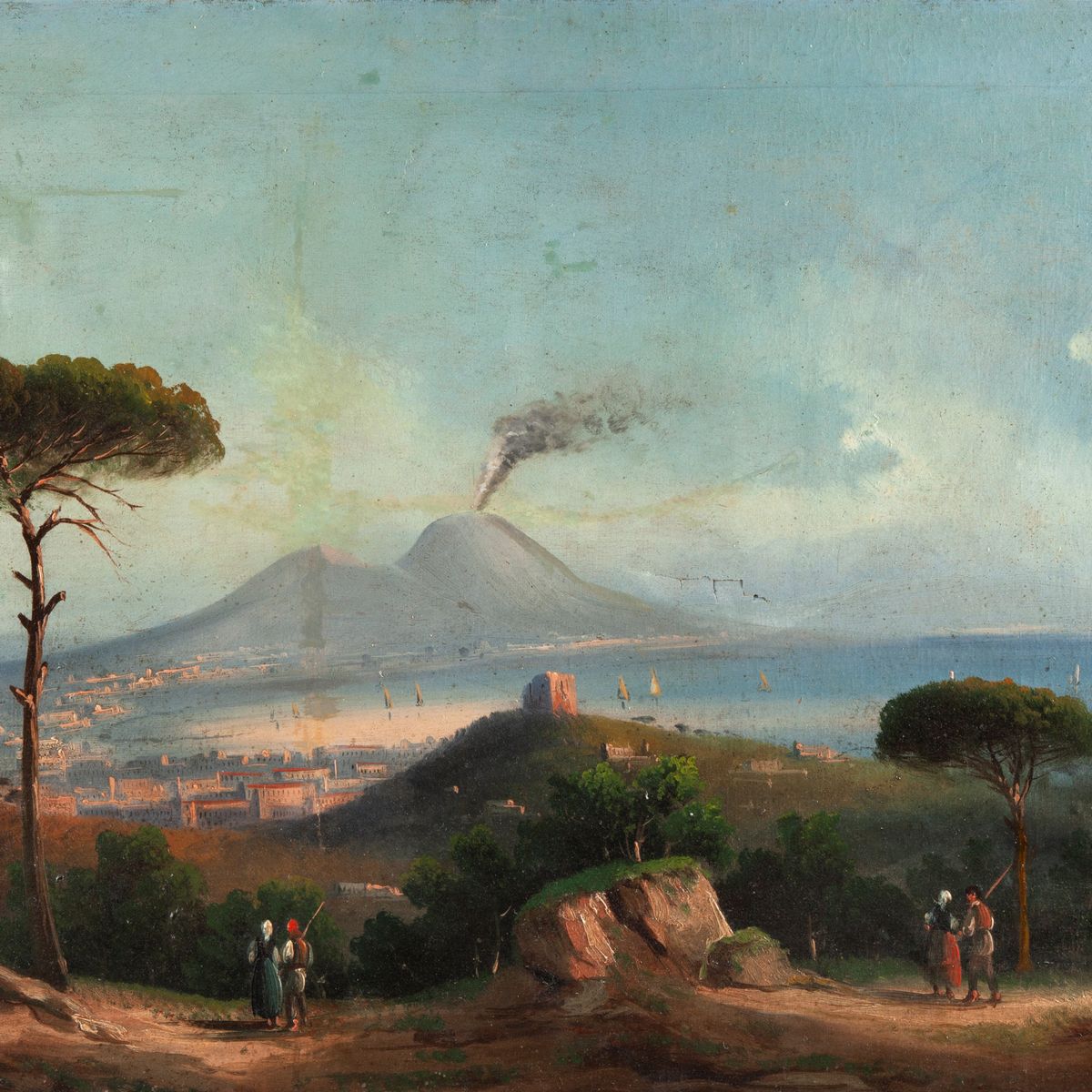 Scuola Napoletana, Fine XIX/inizi XX Secolo - Tre Vedute della Baia di Napoli Col Vesuvio Fumante