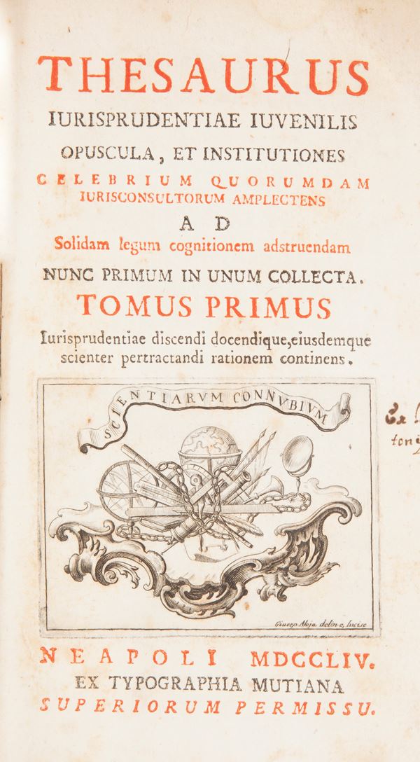 Thesaurus Iurisprudentiae Iuvenilis. Opuscola et institutiones celebrium quorundam iurisconsultorum amplectens. Tomo Primo.
