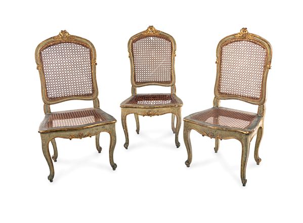 Tre sedie in legno laccato, XVIII secolo