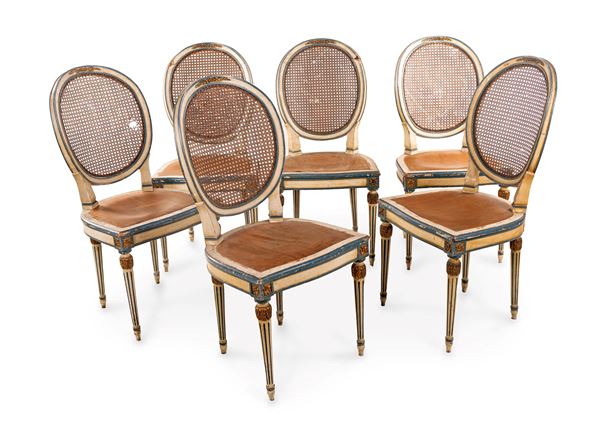 Sei sedie in legno laccato bianco, XIX secolo